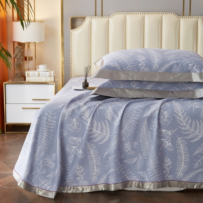 91家纺网 家纺一手货源 找家纺 威克凯丽 2025新款活性印花款纯竹纤维软凉席三件套 叶恵美-蓝