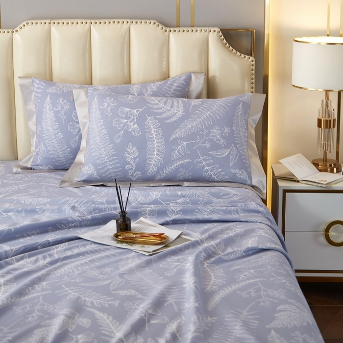 91家纺网 家纺一手货源 找家纺 威克凯丽 2025新款活性印花款纯竹纤维软凉席三件套 叶恵美-蓝