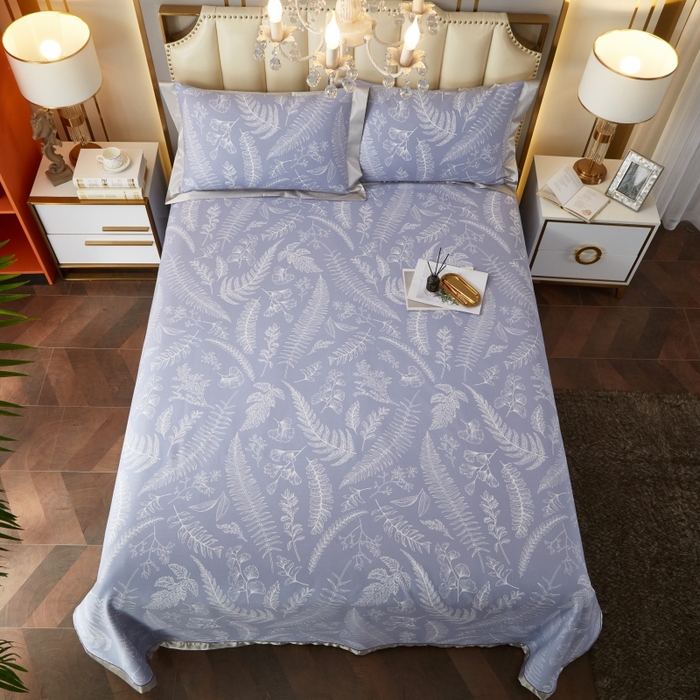 91家纺网 家纺一手货源 找家纺 威克凯丽 2025新款活性印花款纯竹纤维软凉席三件套 叶恵美-蓝