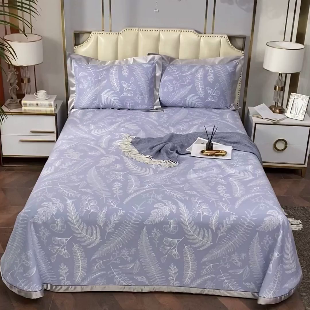 91家纺网 家纺一手货源 找家纺 威克凯丽 2025新款活性印花款纯竹纤维软凉席三件套 叶恵美-蓝