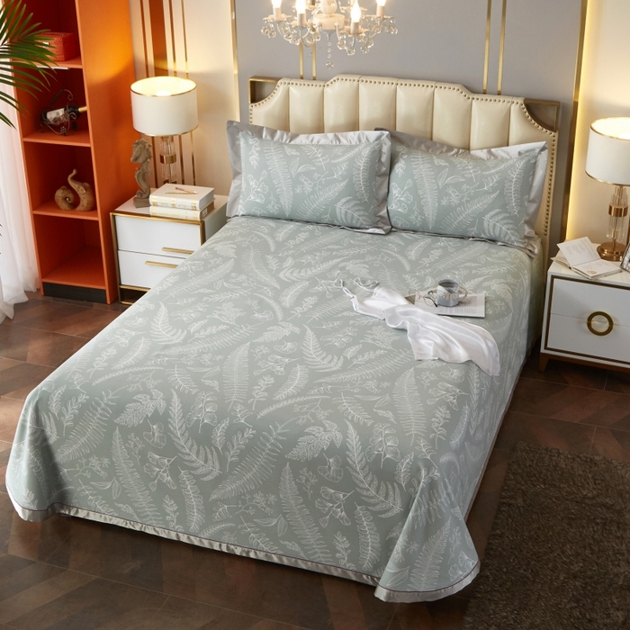 91家纺网 家纺一手货源 找家纺 威克凯丽 2025新款活性印花款纯竹纤维软凉席三件套 叶恵美-绿