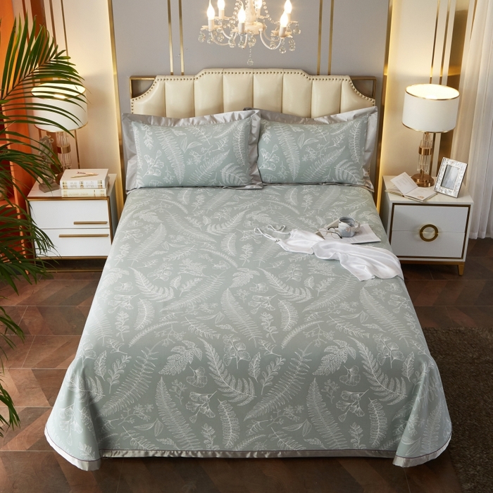 91家纺网 家纺一手货源 找家纺 威克凯丽 2025新款活性印花款纯竹纤维软凉席三件套 叶恵美-绿