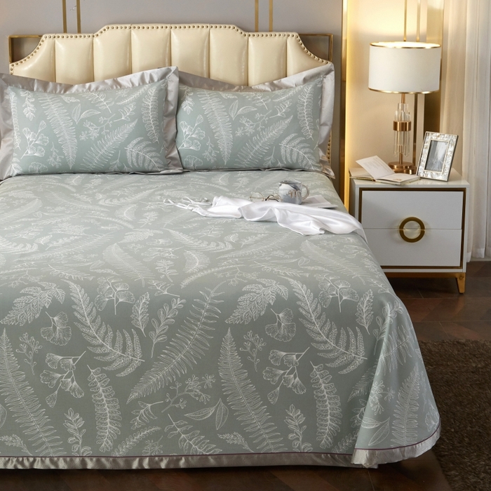 91家纺网 家纺一手货源 找家纺 威克凯丽 2025新款活性印花款纯竹纤维软凉席三件套 叶恵美-绿