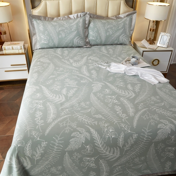 91家纺网 家纺一手货源 找家纺 威克凯丽 2025新款活性印花款纯竹纤维软凉席三件套 叶恵美-绿