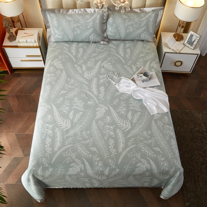 91家纺网 家纺一手货源 找家纺 威克凯丽 2025新款活性印花款纯竹纤维软凉席三件套 叶恵美-绿