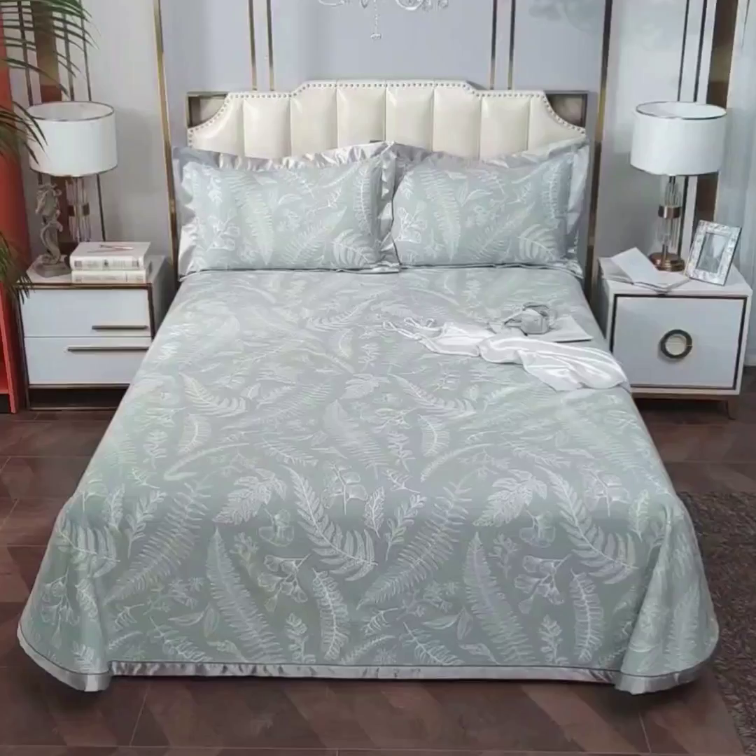 91家纺网 家纺一手货源 找家纺 威克凯丽 2025新款活性印花款纯竹纤维软凉席三件套 叶恵美-绿