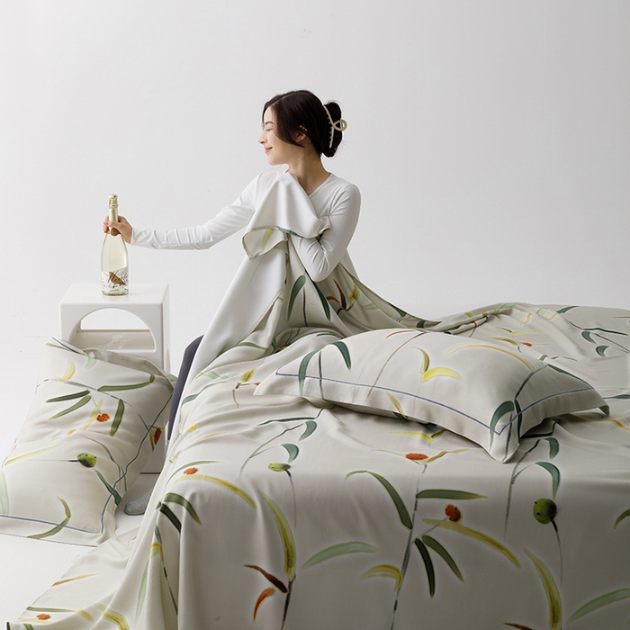 91家纺网 家纺一手货源 找家纺 威克凯丽 2025新款活性印花款纯竹纤维软凉席三件套 竹韵-米