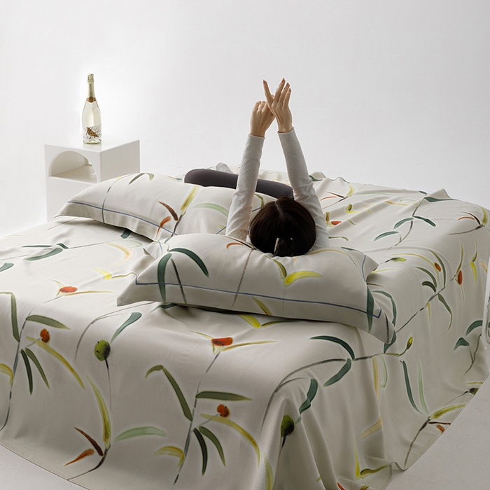 91家纺网 家纺一手货源 找家纺 威克凯丽 2025新款活性印花款纯竹纤维软凉席三件套 竹韵-米