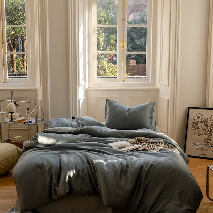 91家纺网 家纺一手货源 找家纺 威克凯丽 2025新款60支纯色兰精天丝四件套--风格一 灰蓝色-冰川灰