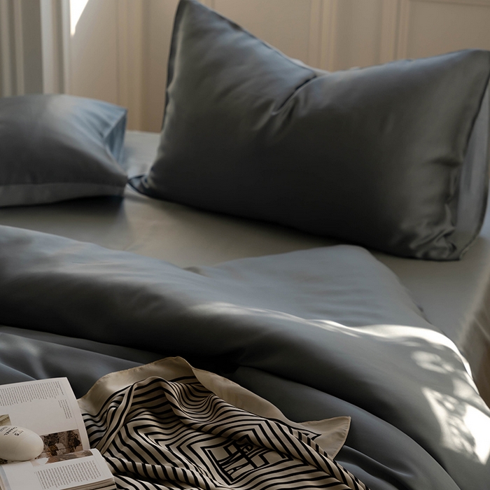 91家纺网 家纺一手货源 找家纺 威克凯丽 2025新款60支纯色兰精天丝四件套--风格一 灰蓝色-冰川灰