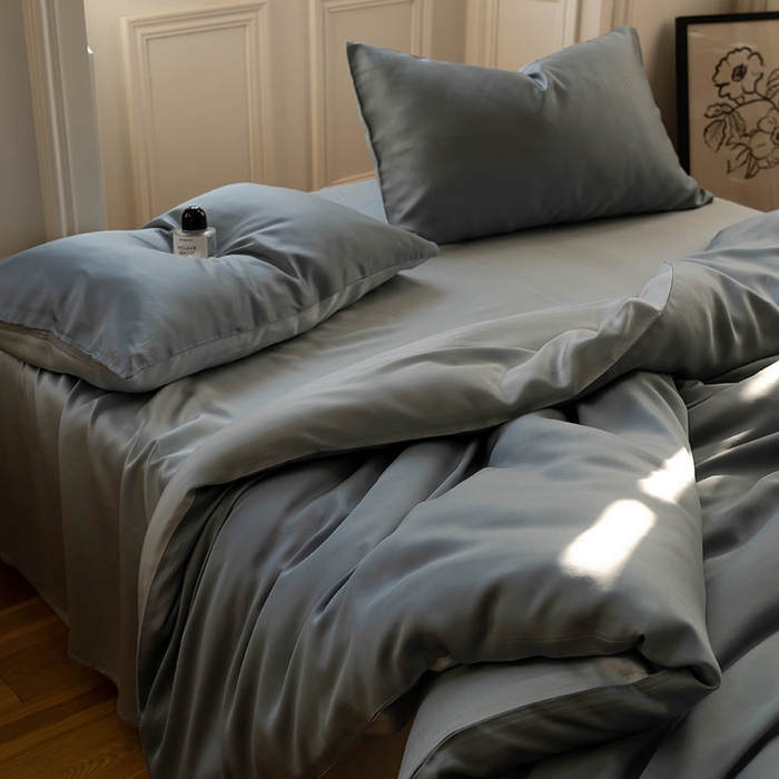 91家纺网 家纺一手货源 找家纺 威克凯丽 2025新款60支纯色兰精天丝四件套--风格一 灰蓝色-冰川灰