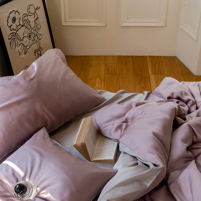 91家纺网 家纺一手货源 找家纺 威克凯丽 2025新款60支纯色兰精天丝四件套--风格一 满天星紫-曙光银