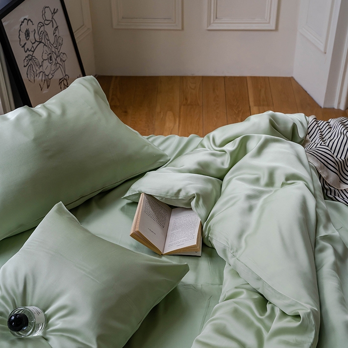 91家纺网 家纺一手货源 找家纺 威克凯丽 2025新款60支纯色兰精天丝四件套--风格一 嫩芽绿