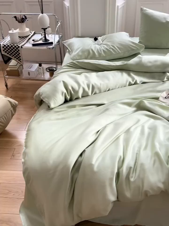 91家纺网 家纺一手货源 找家纺 威克凯丽 2025新款60支纯色兰精天丝四件套--风格一 嫩芽绿