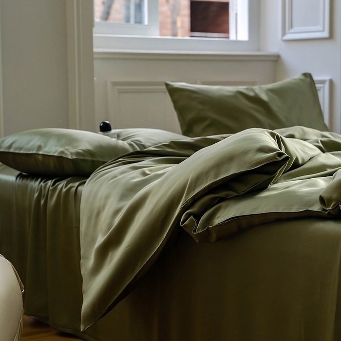 91家纺网 家纺一手货源 找家纺 威克凯丽 2025新款60支纯色兰精天丝四件套--风格一 欧芹绿