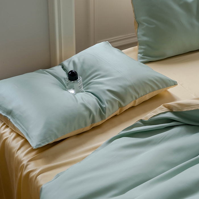 91家纺网 家纺一手货源 找家纺 威克凯丽 2025新款60支纯色兰精天丝四件套--风格一 浅艾绿-香槟金