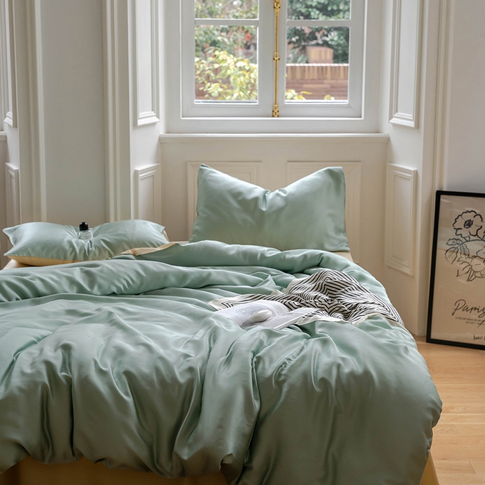 91家纺网 家纺一手货源 找家纺 威克凯丽 2025新款60支纯色兰精天丝四件套--风格一 浅艾绿-香槟金