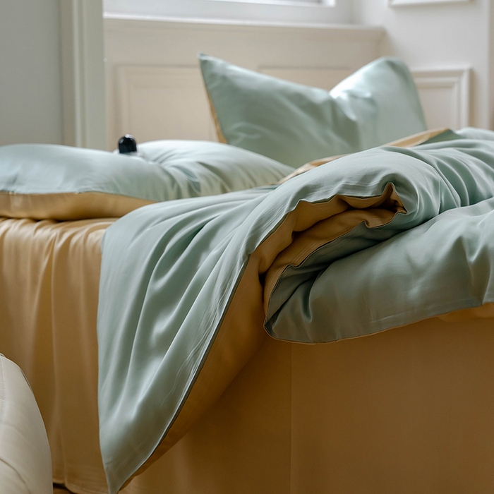 91家纺网 家纺一手货源 找家纺 威克凯丽 2025新款60支纯色兰精天丝四件套--风格一 浅艾绿-香槟金