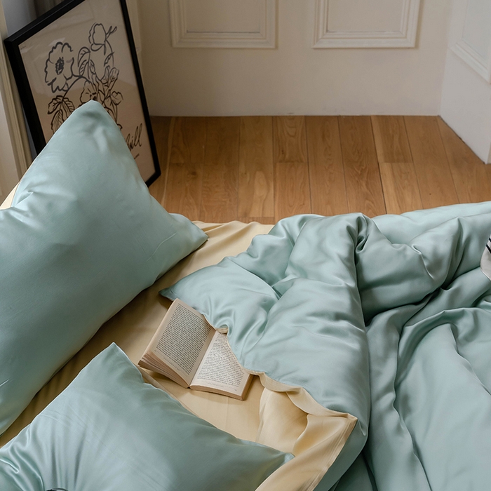 91家纺网 家纺一手货源 找家纺 威克凯丽 2025新款60支纯色兰精天丝四件套--风格一 浅艾绿-香槟金