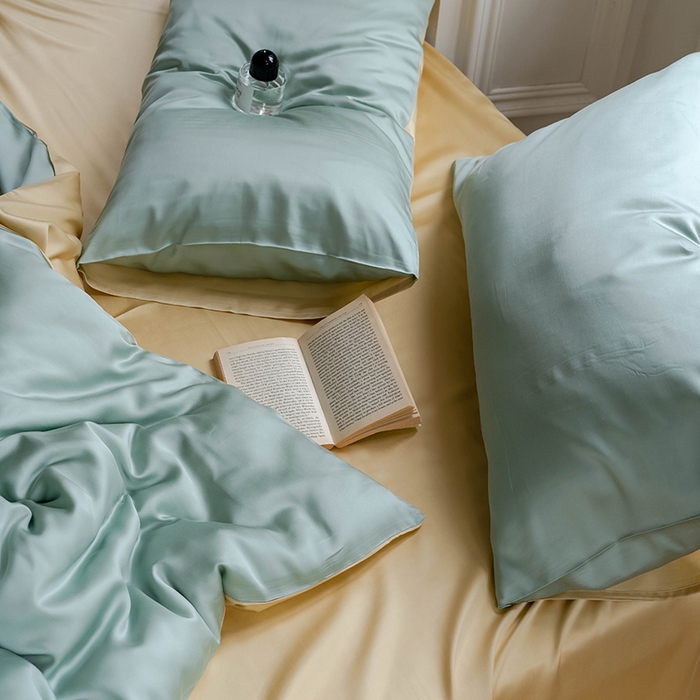 91家纺网 家纺一手货源 找家纺 威克凯丽 2025新款60支纯色兰精天丝四件套--风格一 浅艾绿-香槟金