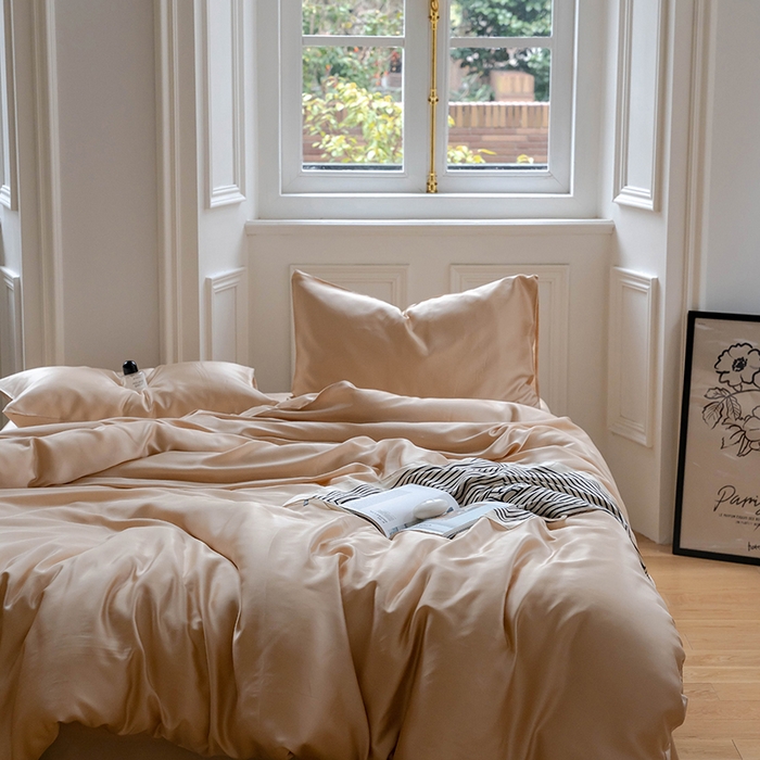 91家纺网 家纺一手货源 找家纺 威克凯丽 2025新款60支纯色兰精天丝四件套--风格一 沙茶色