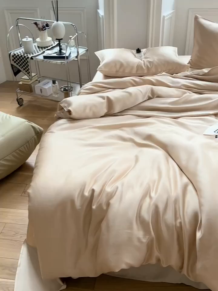 91家纺网 家纺一手货源 找家纺 威克凯丽 2025新款60支纯色兰精天丝四件套--风格一 沙茶色