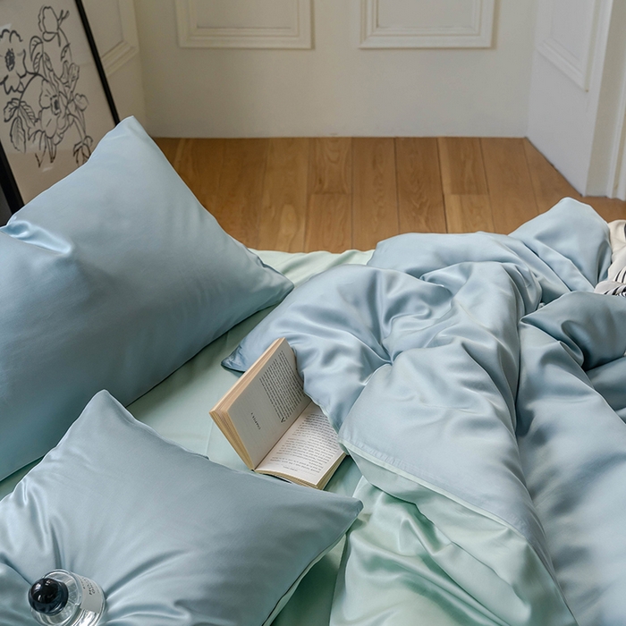 91家纺网 家纺一手货源 找家纺 威克凯丽 2025新款60支纯色兰精天丝四件套--风格一 天空蓝-浅艾绿