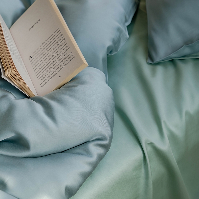 91家纺网 家纺一手货源 找家纺 威克凯丽 2025新款60支纯色兰精天丝四件套--风格一 天空蓝-浅艾绿