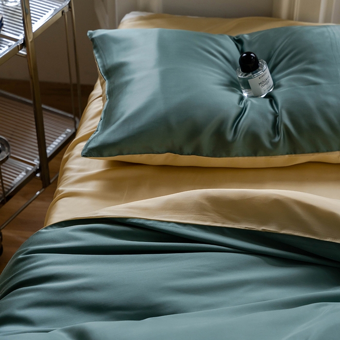 91家纺网 家纺一手货源 找家纺 威克凯丽 2025新款60支纯色兰精天丝四件套--风格一 天青色-香槟金