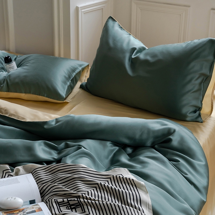 91家纺网 家纺一手货源 找家纺 威克凯丽 2025新款60支纯色兰精天丝四件套--风格一 天青色-香槟金