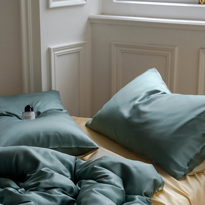 91家纺网 家纺一手货源 找家纺 威克凯丽 2025新款60支纯色兰精天丝四件套--风格一 天青色-香槟金