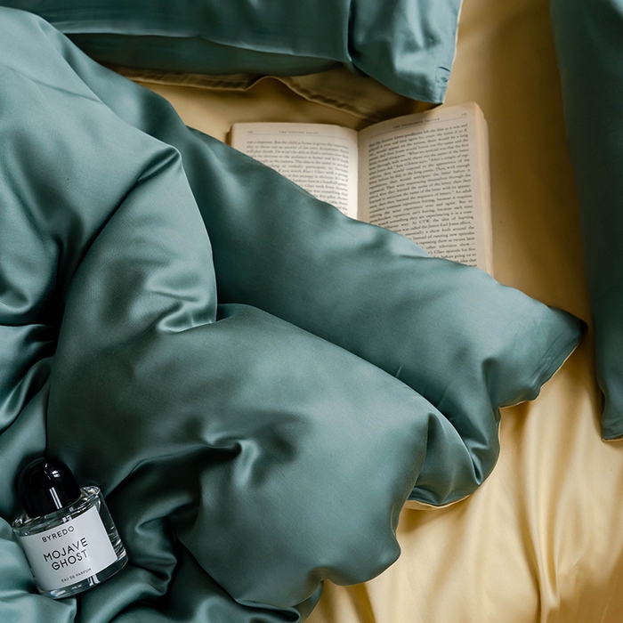 91家纺网 家纺一手货源 找家纺 威克凯丽 2025新款60支纯色兰精天丝四件套--风格一 天青色-香槟金