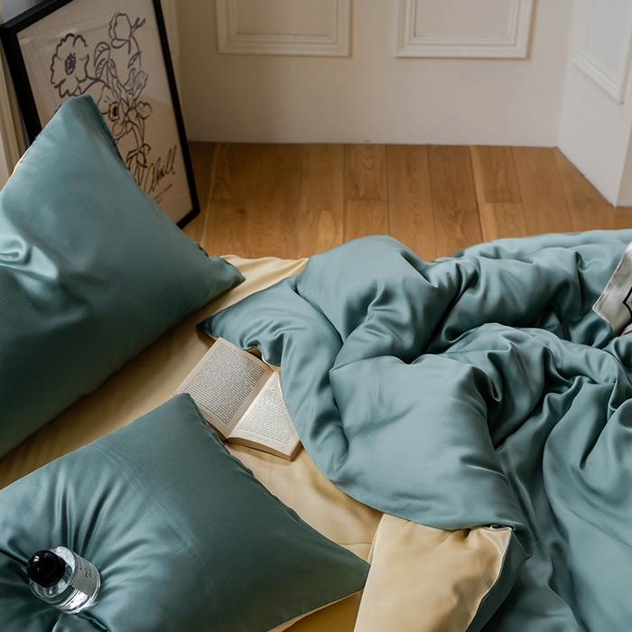 91家纺网 家纺一手货源 找家纺 威克凯丽 2025新款60支纯色兰精天丝四件套--风格一 天青色-香槟金