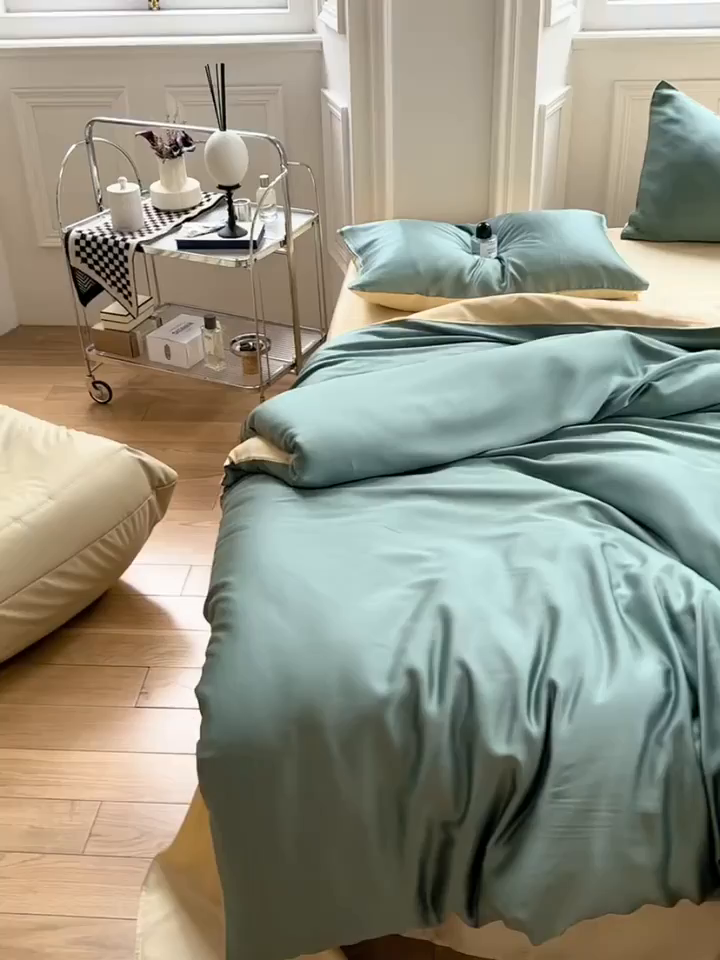 91家纺网 家纺一手货源 找家纺 威克凯丽 2025新款60支纯色兰精天丝四件套--风格一 天青色-香槟金