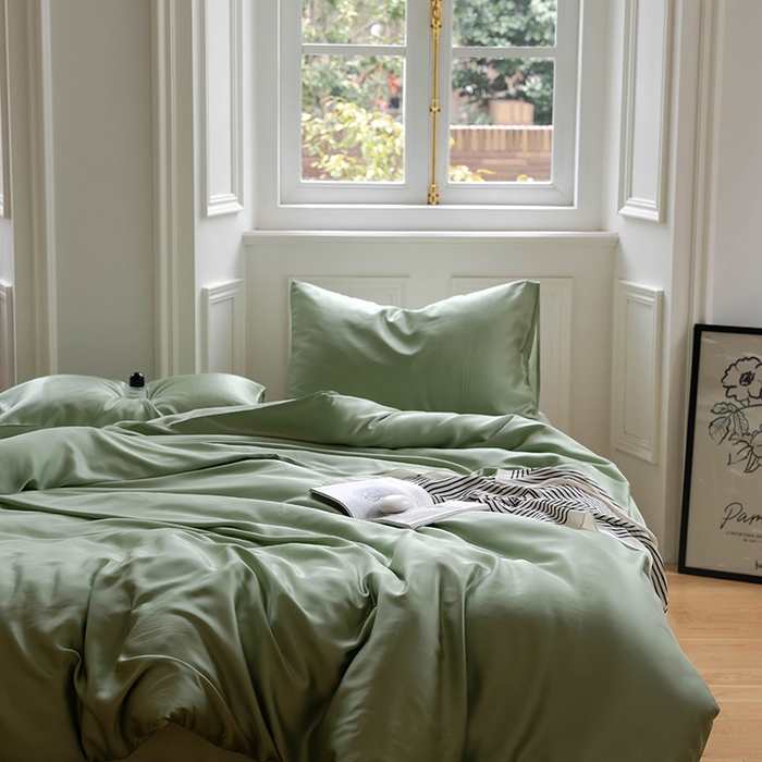 91家纺网 家纺一手货源 找家纺 威克凯丽 2025新款60支纯色兰精天丝四件套--风格一 香奈儿绿-嫩叶绿