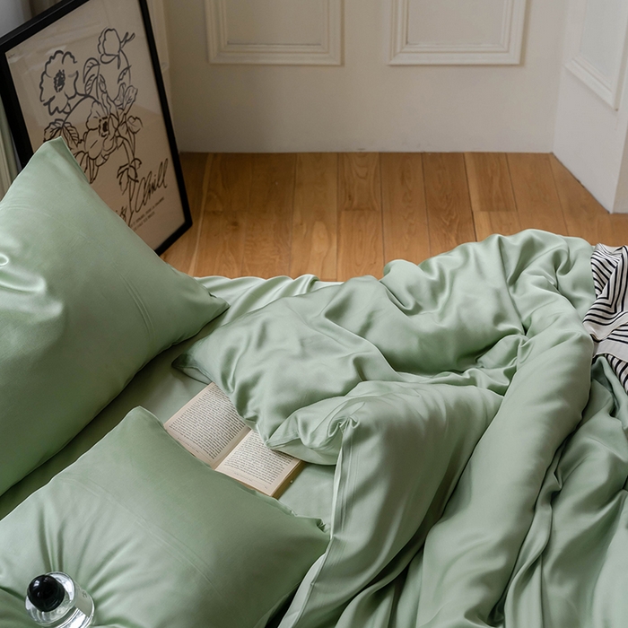 91家纺网 家纺一手货源 找家纺 威克凯丽 2025新款60支纯色兰精天丝四件套--风格一 香奈儿绿-嫩叶绿