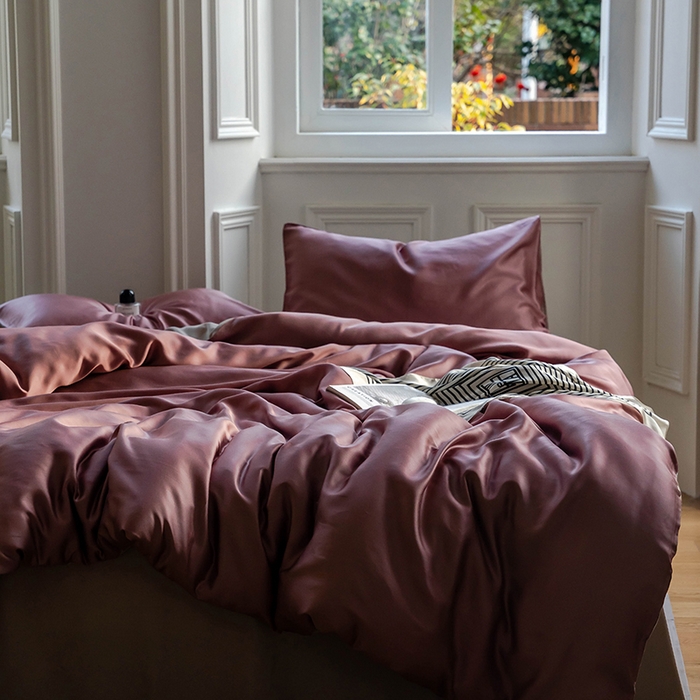 91家纺网 家纺一手货源 找家纺 威克凯丽 2025新款60支纯色兰精天丝四件套--风格一 野樱莓-芋泥灰