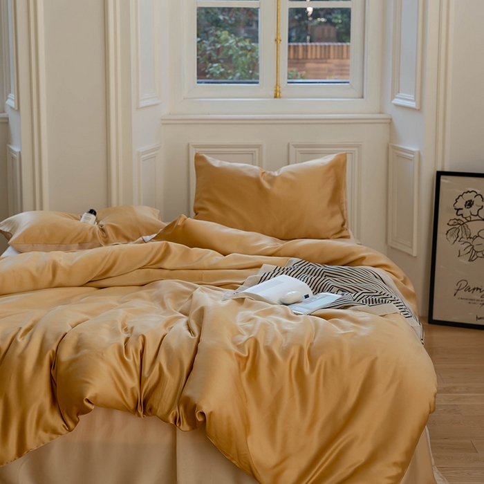 91家纺网 家纺一手货源 找家纺 威克凯丽 2025新款60支纯色兰精天丝四件套--风格一 芝士黄-沙茶色