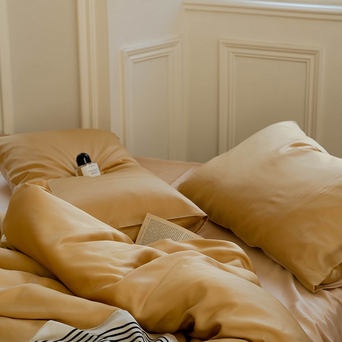 91家纺网 家纺一手货源 找家纺 威克凯丽 2025新款60支纯色兰精天丝四件套--风格一 芝士黄-沙茶色