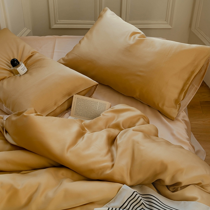 91家纺网 家纺一手货源 找家纺 威克凯丽 2025新款60支纯色兰精天丝四件套--风格一 芝士黄-沙茶色