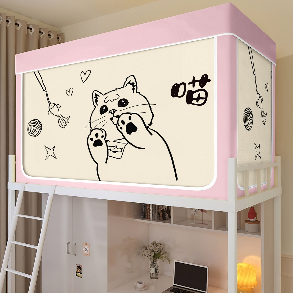 91家纺网 家纺一手货源 找家纺 艾晶美家纺有限公司 2025新款印花坐床遮光布帘蚊帐国风卡通系列 粉喵