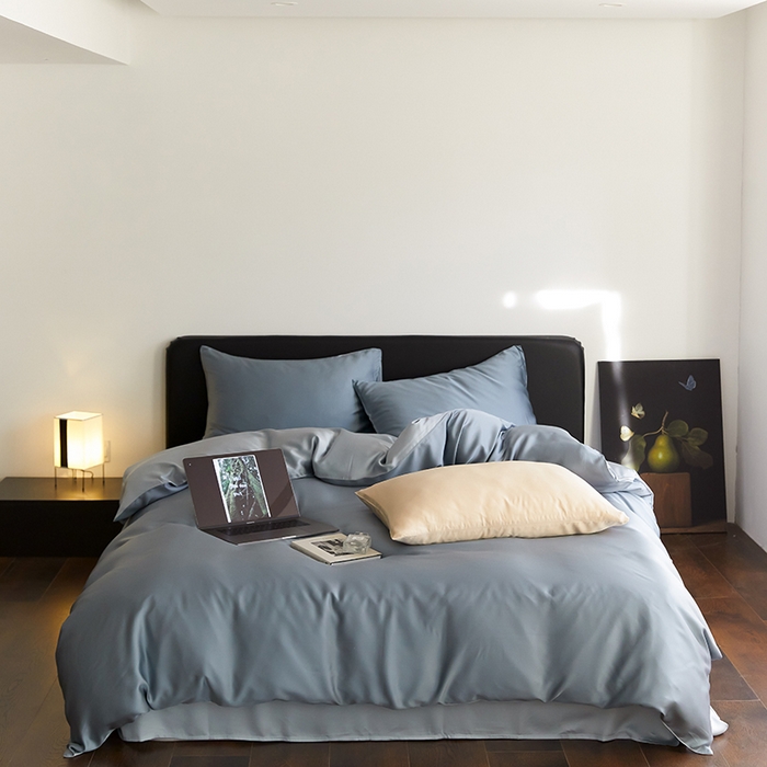 91家纺网 家纺一手货源 找家纺 威克凯丽 2025新款60支纯色兰精天丝四件套--风格二 灰蓝色-冰川灰