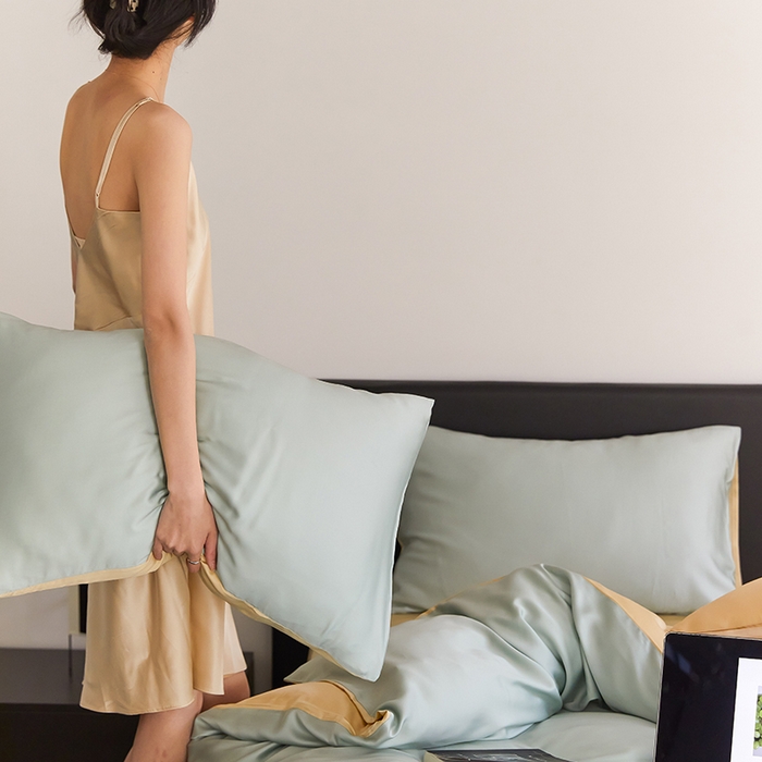 91家纺网 家纺一手货源 找家纺 威克凯丽 2025新款60支纯色兰精天丝四件套--风格二 浅艾绿-香槟金