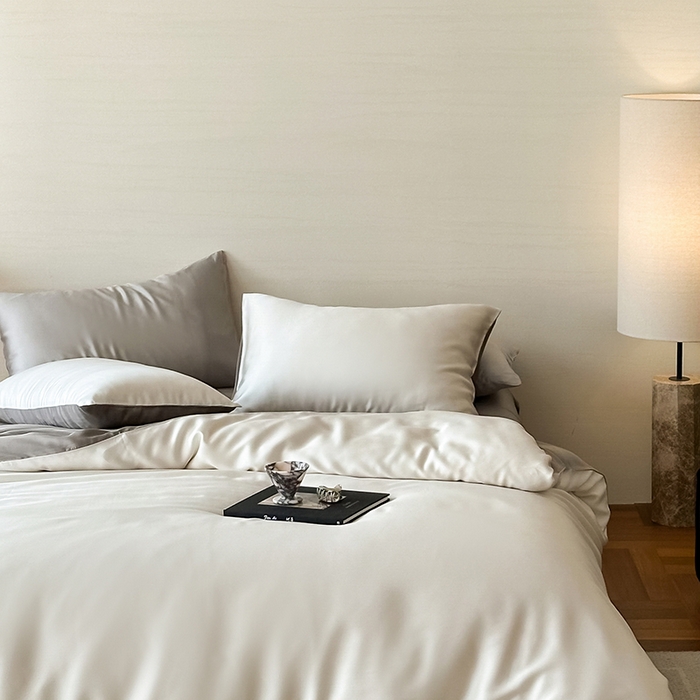 91家纺网 家纺一手货源 找家纺 威克凯丽 2025新款60支纯色兰精天丝四件套--风格二 乳蛋白-冷岩灰