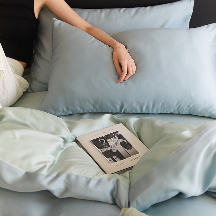 91家纺网 家纺一手货源 找家纺 威克凯丽 2025新款60支纯色兰精天丝四件套--风格二 天空蓝-浅艾绿