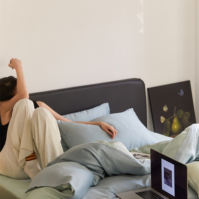 91家纺网 家纺一手货源 找家纺 威克凯丽 2025新款60支纯色兰精天丝四件套--风格二 天空蓝-浅艾绿