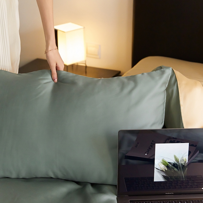 91家纺网 家纺一手货源 找家纺 威克凯丽 2025新款60支纯色兰精天丝四件套--风格二 天青色-香槟金