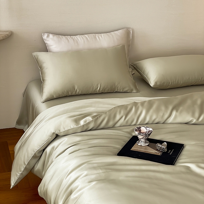 91家纺网 家纺一手货源 找家纺 威克凯丽 2025新款60支纯色兰精天丝四件套--风格二 烟轻绿