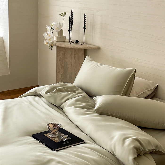 91家纺网 家纺一手货源 找家纺 威克凯丽 2025新款60支纯色兰精天丝四件套--风格二 烟轻绿