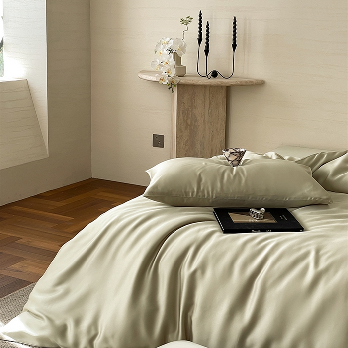 91家纺网 家纺一手货源 找家纺 威克凯丽 2025新款60支纯色兰精天丝四件套--风格二 烟轻绿